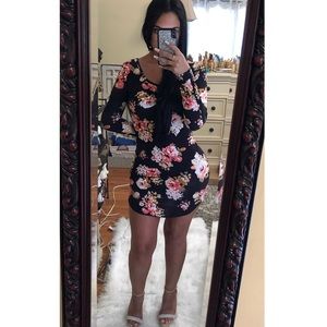 Black floral body con dress
